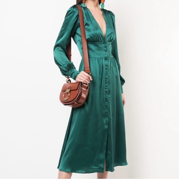 Reformation Nicola Dress - Deep Green Satin Midi Dress - Picture 2 of 2